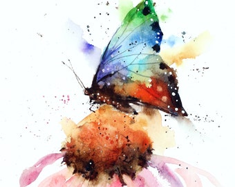 BUTTERFLY and CONEFLOWER  Watercolor Floral Print by Dean Crouser