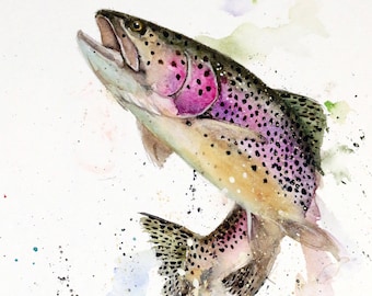 Può includere: Dipinto ad acquerello di due trote che saltano fuori dall'acqua. Le trote sono marroni e dorate con macchie nere e segni rosa. L'acqua è rappresentata con schizzi di acquerello blu, verde e giallo.