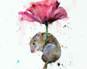 MOUSE and FLOWER Watercolor Print by Dean Crouser