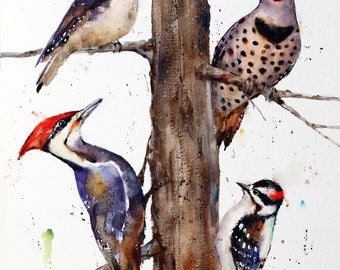 WOODPECKER Watercolor Print with Pileated, Flicker, Downy Woodpeckers by Dean Crouser