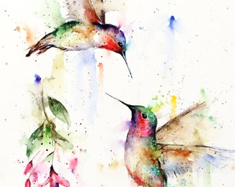 HUMMINGBIRDS and FLOWERS Watercolor Hummingbird Print by Dean Crouser