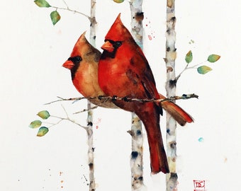 CARDINALS in BIRCH Tree, Watercolor Cardinal Bird Print by Dean Crouser