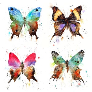 May include: Four watercolor paintings of butterflies with colorful wings and brown bodies. The butterflies are painted on a white background with splatters of paint.