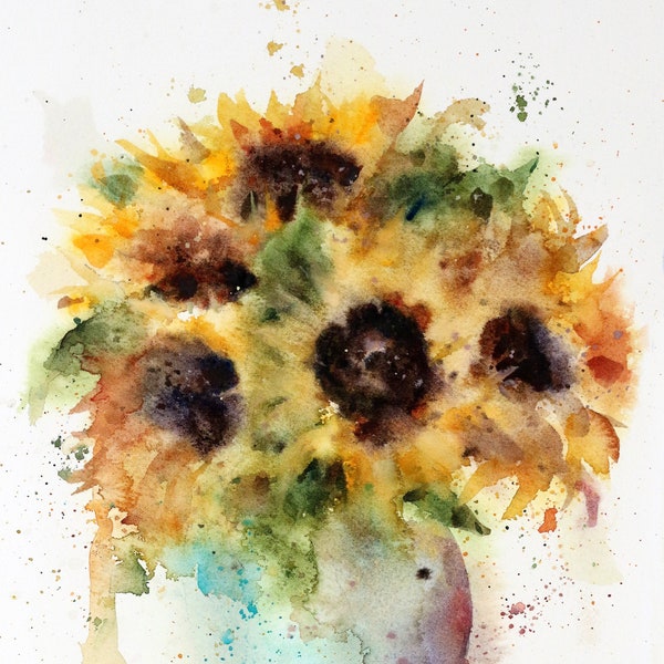 SUNFLOWERS in VASE Floral Watercolor Print by Dean Crouser