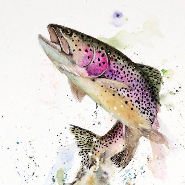 JUMPING RAINBOW Trout Watercolor Fish Print by Dean Crouser
