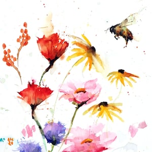 WILDFLOWERS & BEE Watercolor Nature Floral Print by Dean Crouser