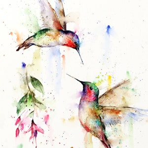 HUMMINGBIRDS and FLOWERS Watercolor Hummingbird Print by Dean Crouser