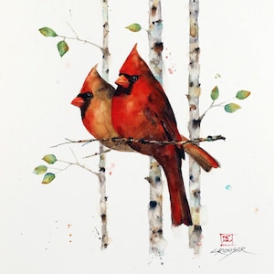 CARDINALS in BIRCH Tree, Watercolor Cardinal Bird Print by Dean Crouser