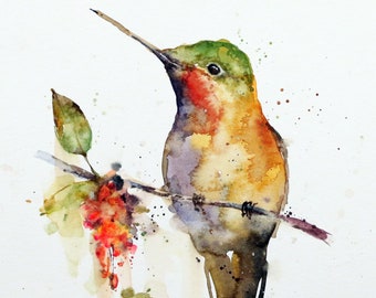 May include: Watercolor painting of a hummingbird perched on a branch with red berries. The hummingbird is green, yellow, and orange with a long beak. The painting has a light, airy feel.