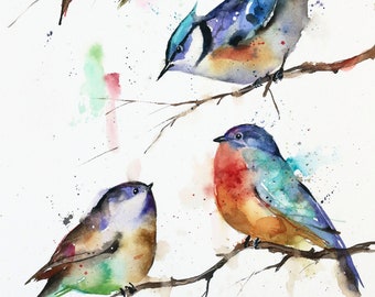 SONGBIRDS in TREE Watercolor Bird Print by Dean Crouser