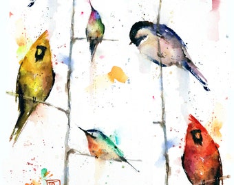 May include: Watercolor painting of six birds perched on branches. The birds are a variety of colors, including yellow, red, blue, green, and brown. The background is a light blue with white splatters.