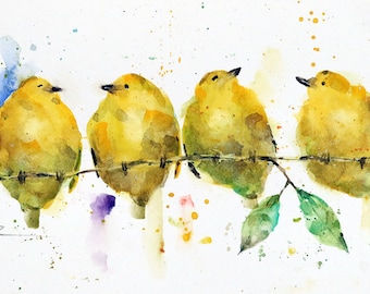 LEMON BIRDS Yellow Bird Watercolor Print by Dean Crouser