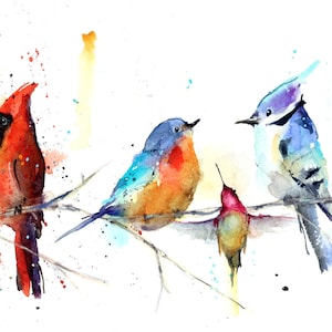 May include: Watercolor painting of seven birds perched on branches. The birds are a cardinal, a blue jay, a hummingbird, a chickadee, and three other birds with blue, red, and green feathers. The painting is done in a loose, impressionistic style.