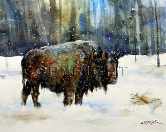 May include: A watercolor painting of a brown bison standing in a snowy forest. The bison is facing to the right and has its head slightly lowered. The snow is falling softly around the bison, and the trees in the background are blurred.