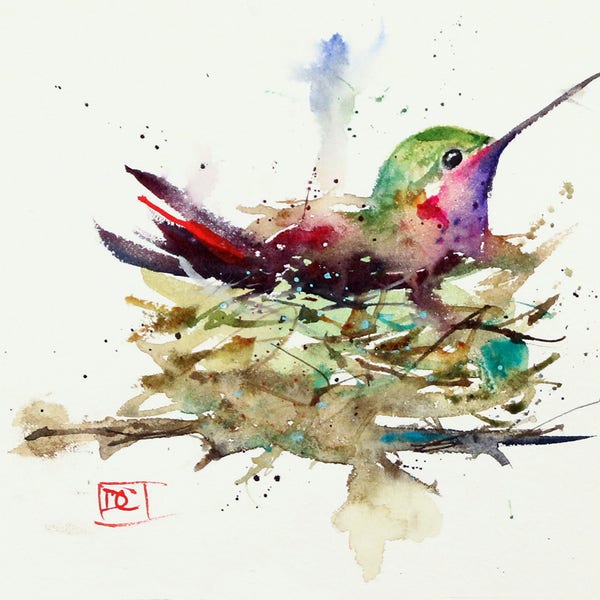 HUMMINGBIRD in NEST, Watercolor Print by Dean Crouser