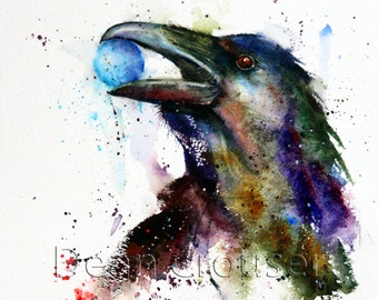 RAVEN Watercolor Print, Raven Art, Bird Art, Raven Painting,  by Dean Crouser