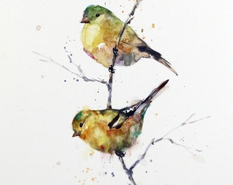 GOLDFINCH Birds in Tree Original Watercolor Painting by Dean Crouser
