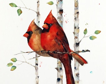 CARDENALES en BIRCH Tarjetas de felicitación en blanco, Conjunto de 8, Arte de aves en acuarela por Dean Crouser