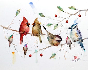 Könnte beinhalten: Aquarellmalerei von sechs Vögeln, die auf einem Zweig mit roten Beeren sitzen. Die Vögel sind ein Kardinal, eine Meise, ein Blauhäher und drei Kolibris. Das Gemälde ist in einem realistischen Stil mit weichen Farben gehalten.