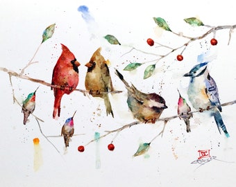 Cardinals and Hummingbirds Watercolor Bird Print by Dean Crouser