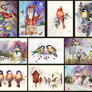 Cartes de Vœux pour les Fêtes, lot de 10 oiseaux d'hiver, bonhomme de neige, aquarelle cardinal par Dean Crouser
