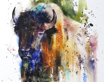 BUFFALO Watercolor Nature Art Print by Dean Crouser