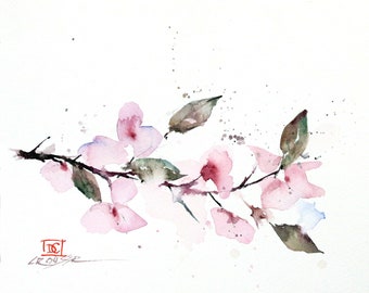 Puede incluir: Pintura acuarela de una delicada rama de flores rosas con hojas verdes. La pintura tiene un toque suave y etéreo y está firmada "DC" en la esquina inferior izquierda.