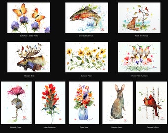 5 x 7" GREETING CARDS, Set of 11 Bestsellers, Flowers, Hummingbird and More, Watercolor Art by Dean Crouser, New Images!