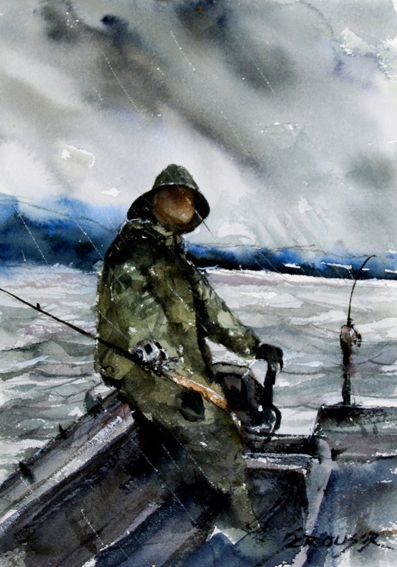 RAINY DAY FISHING, Fisherman Painting, Watercolor Print by Dean Crouser