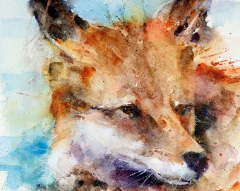 Może przedstawiać: Aquarela przedstawiająca twarz lisa. Lis ma rudobrązowe futro z odcieniami pomarańczowego i żółtego. Oczy lisa są brązowe, a nos czarny. Tło stanowi jasnoniebieski akwarelowy rozmycie.