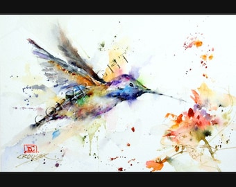 May include: Watercolor painting of a hummingbird in flight with a colorful, abstract background. The hummingbird is painted in shades of purple, blue, green, and orange. The background is a mix of white, yellow, and orange.