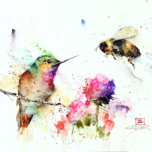 BUMBLEBEE and HUMMINGBIRD Watercolor Print by Dean Crouser