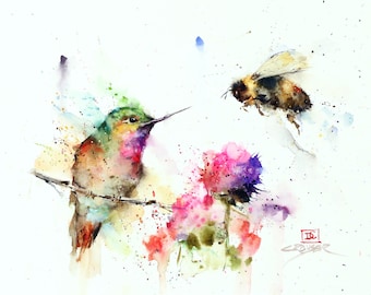 BUMBLEBEE and HUMMINGBIRD Watercolor Print by Dean Crouser