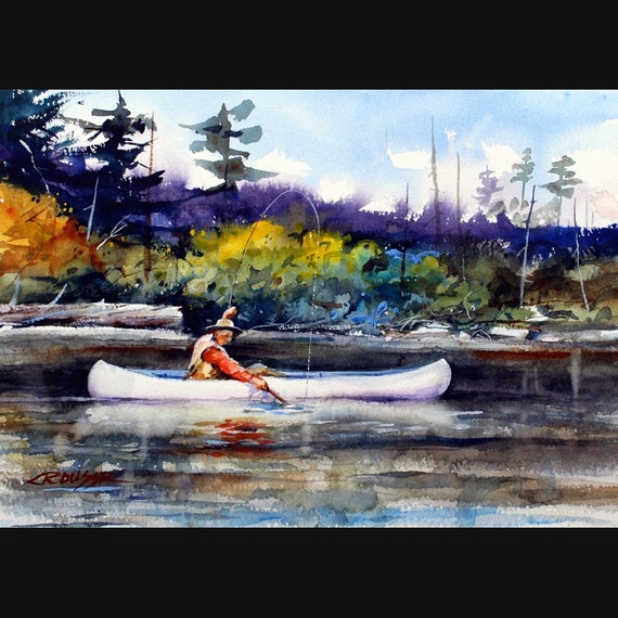 FISHING in CANOE Watercolor Print by Dean Crouser Etsy