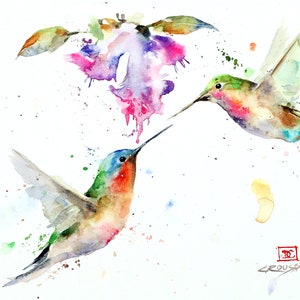 HUMMINGBIRDS and FLOWER Watercolor Print, Valentine Sweethearts, by Dean Crouser