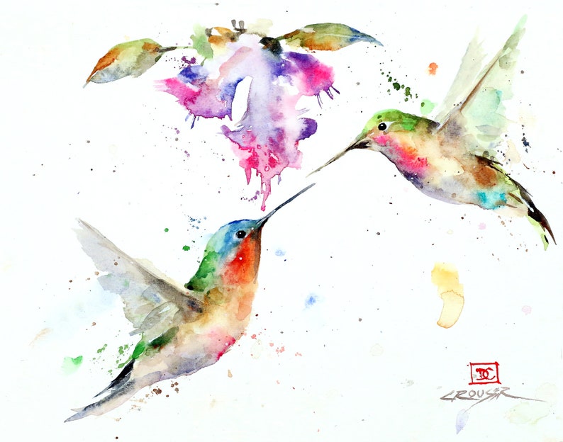 HUMMINGBIRDS and FLOWER Watercolor Print, Valentine Sweethearts, by Dean Crouser image 1