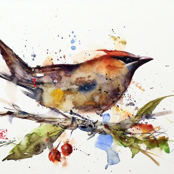 CEDAR WAXWING Watercolor Bird Print, Bird Art Painting by Dean Crouser
