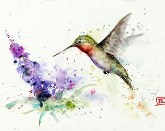 HUMMINGBIRD and BUTTERFLY BUSH Watercolor Print by Dean Crouser