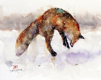 RED FOX in Snow Watercolor Wildlife Print by Dean Crouser