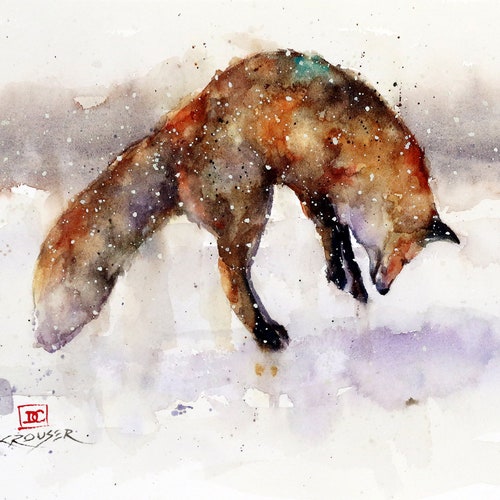 RED FOX Jumping in Snow Watercolor Wildlife Print Signed by Dean Crouser