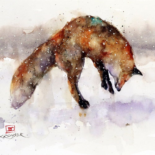 Renard roux en impression animalière aquarelle neige par Dean Crouser