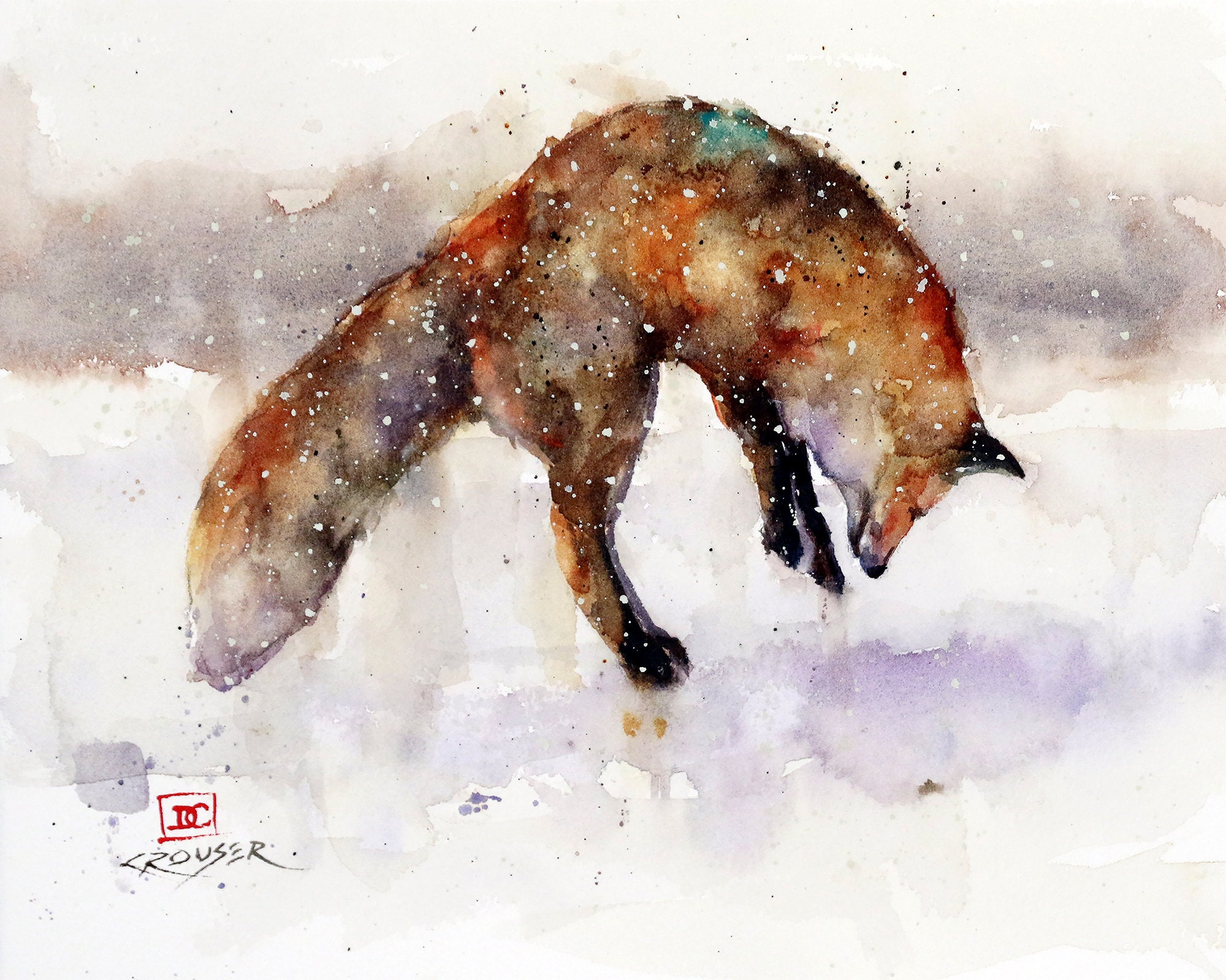 RED FOX in Snow Watercolor Wildlife Print by Dean Crouser 