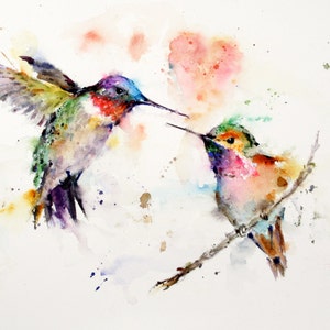May include: Watercolor painting of two hummingbirds, one in flight and the other perched on a branch. The hummingbird in flight is green, purple, and red, while the perched hummingbird is pink, orange, and green.