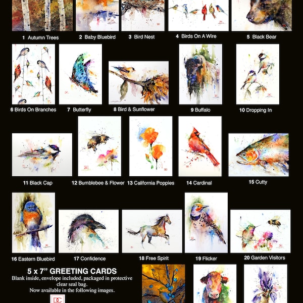 GREETING CARDS, Set of 8, Choose from 140 Images, Birds, Wildlife, Bear, Hummingbirds, Holiday Watercolor by Dean Crouser, Free Shipping!