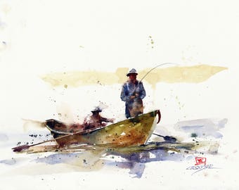 DRIFT BOAT FISHING Watercolor Print by Dean Crouser