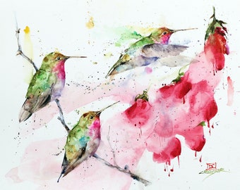 HUMMINGBIRD and FLOWERS Watercolor Bird Print by Dean Crouser