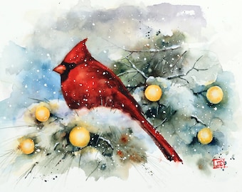 Könnte beinhalten: Ein roter Kardinal sitzt auf einem schneebedeckten Ast mit gelben Beeren. Der Vogel ist in Aquarelltechnik gemalt mit einem weichen, verschwommenen Hintergrund.