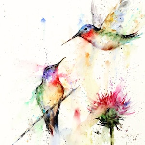 HUMMINGBIRD PAIR Watercolor Bird Art, Flower Print by Dean Crouser