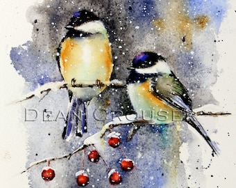 WINTER CHICKADEE Watercolor Bird Art Print, Bird Painting by Dean Crouser