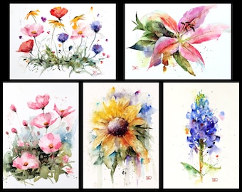 FLORAL 5 x 7 Greeting Card Set From Best Selling FLOWER Watercolor Art by Dean Crouser - Set of 10, Free Shipping!